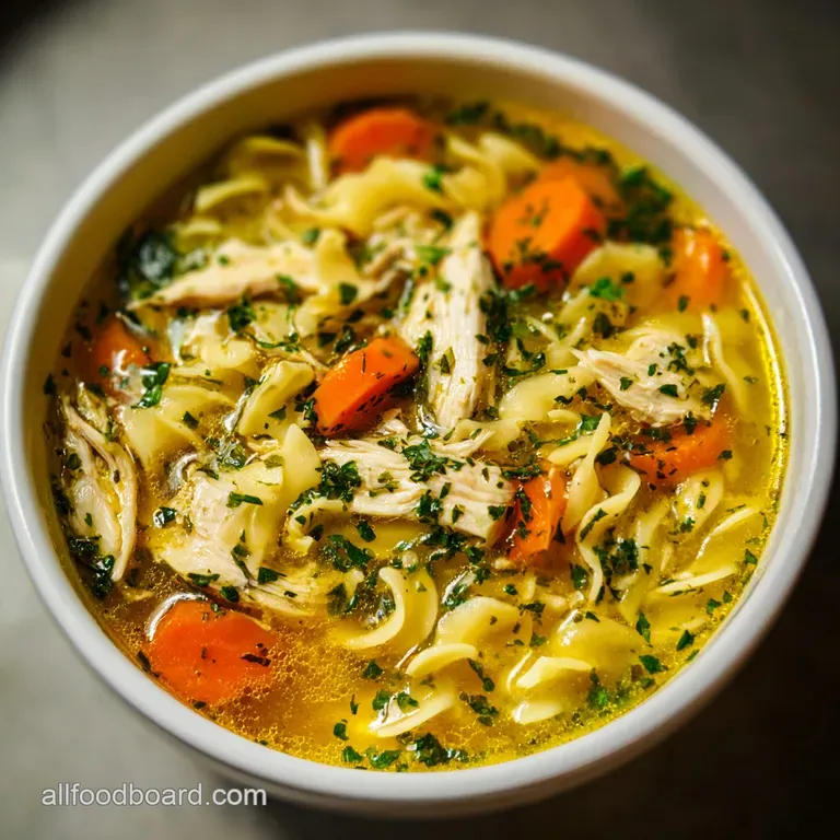 Close-up of a spoonful of chicken noodle soup, showcasing tender chicken, plump noodles, and colorful vegetable flecks. La...