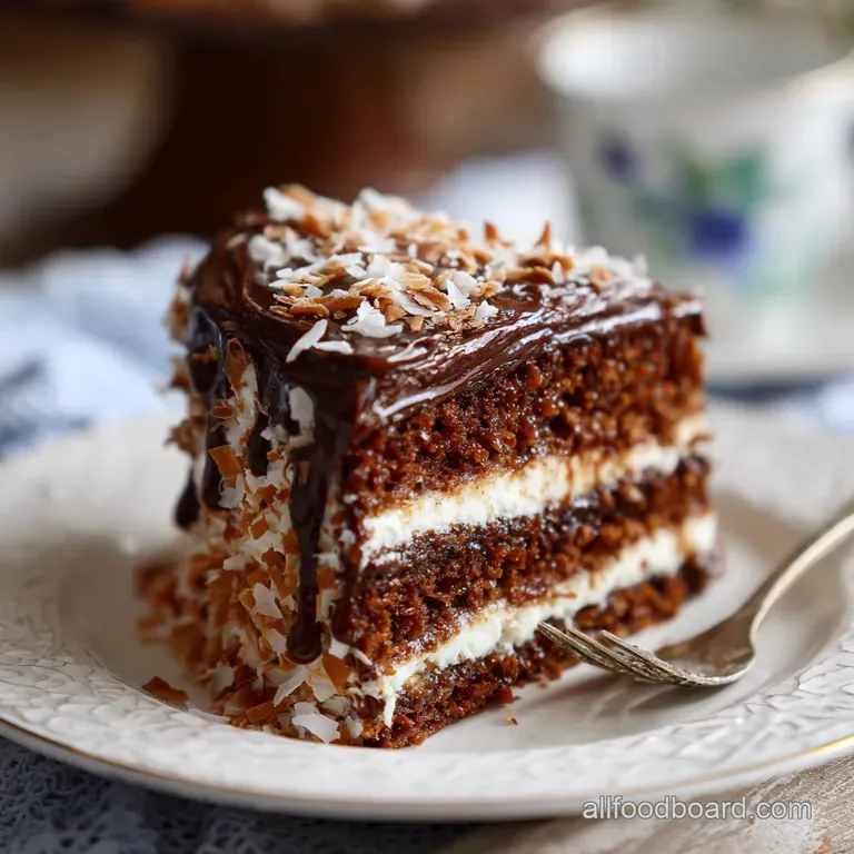 A perfectly sliced chocolate cake wedge, showcasing moist crumb and a dollop of fluffy frosting.