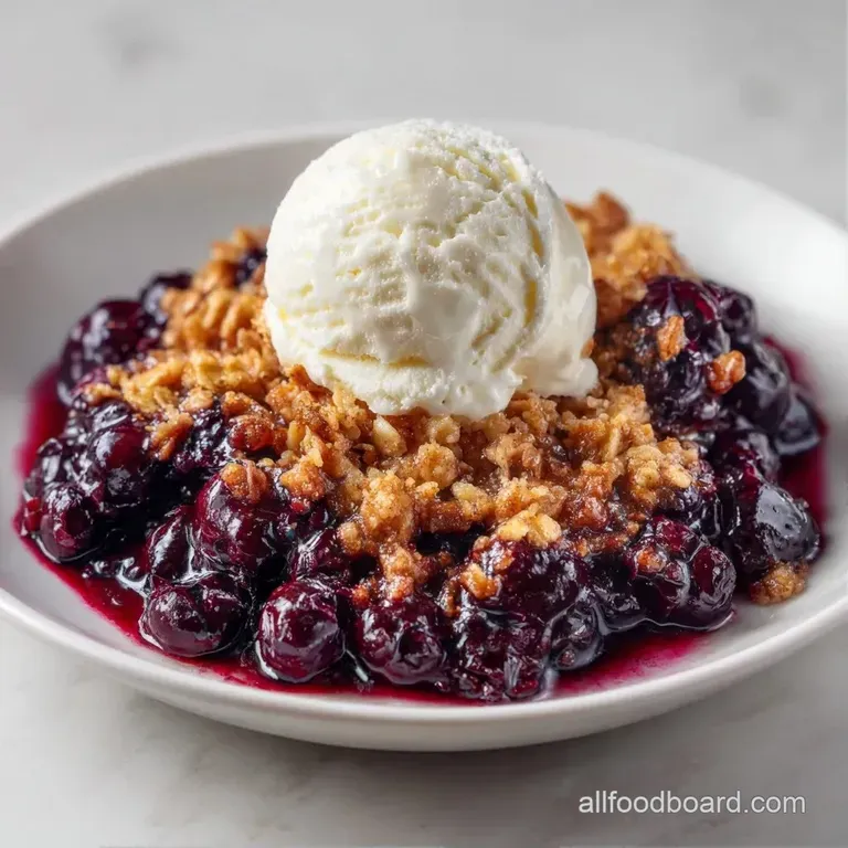 Melting vanilla bean ice cream atop a warm, crumbly purple berry dessert on a clean, modern white ceramic plate.