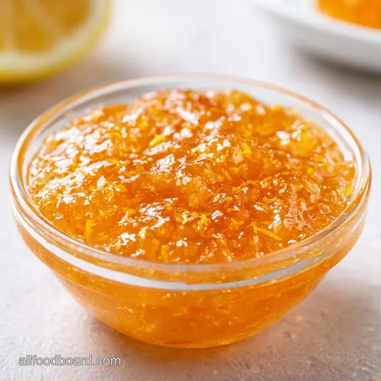 Golden citrus preserve spread on toasted brioche, garnished with a mint leaf and a slice of fresh lemon.