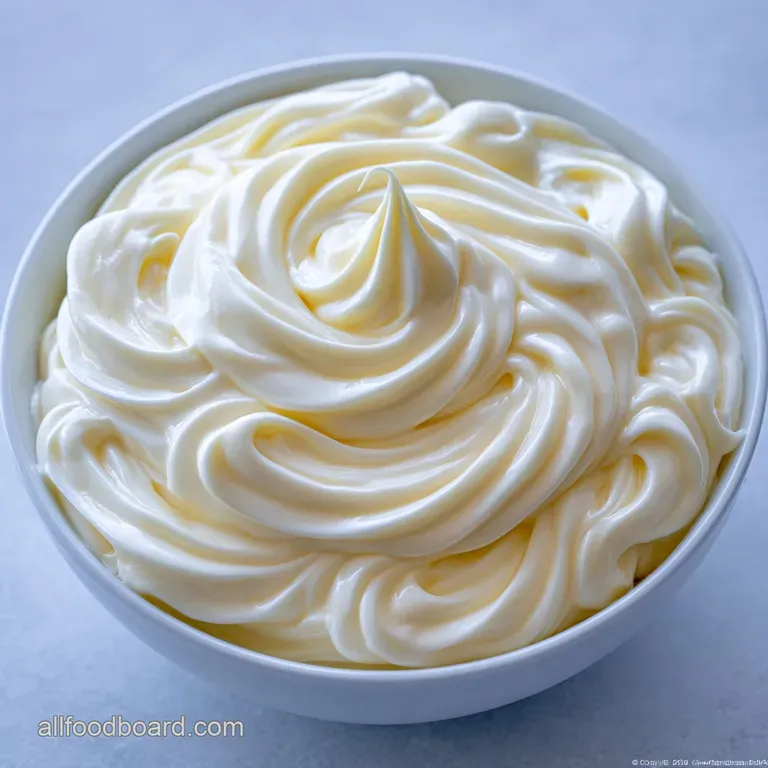 A glossy swirl of ivory-colored cream in a ceramic bowl, garnished with a fresh lemon wedge and a sprig of parsley.