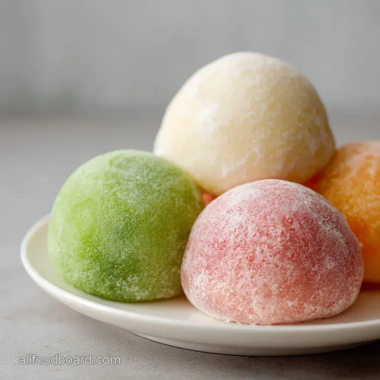 Delicate, vibrant mochi ice cream balls nestled on a dark slate with subtle frosting.