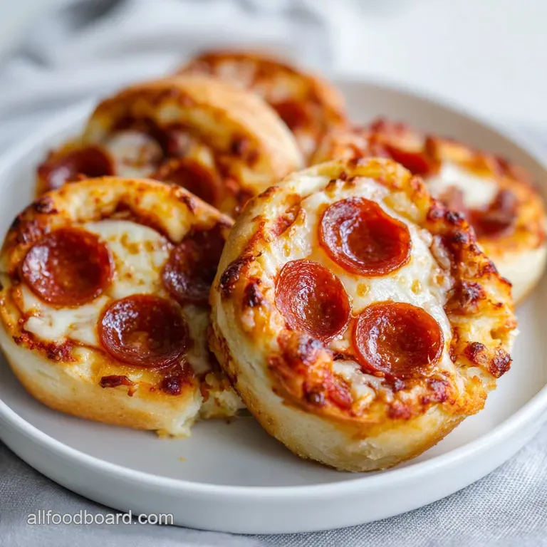 A warm stack of baked pepperoni rolls, perfectly browned, arranged artfully on a rustic wooden board.