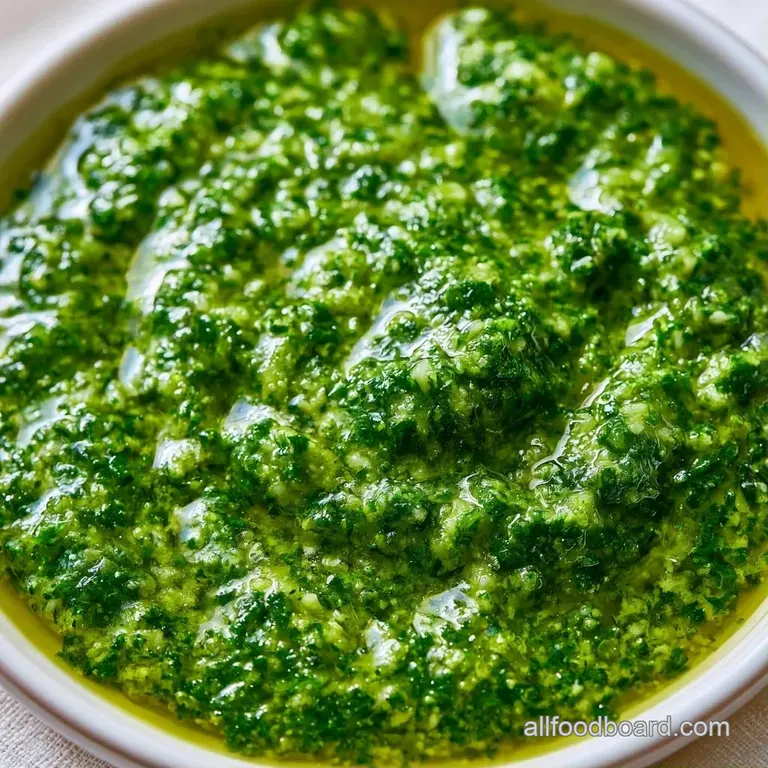 A drizzle of thick, emerald-green sauce over a fresh salad with crisp greens and bright red cherry tomatoes.