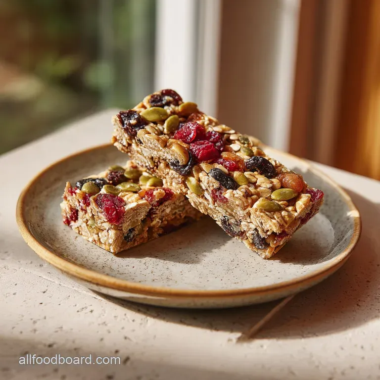 Two neatly cut protein bars, showcasing a dense, textured interior, drizzled with creamy nut butter on a white plate.