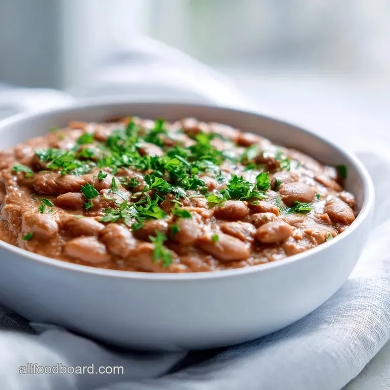 Refried beans artfully swirled on a plate, topped with crumbled cheese and a drizzle of vibrant green salsa verde. Tex-Mex...