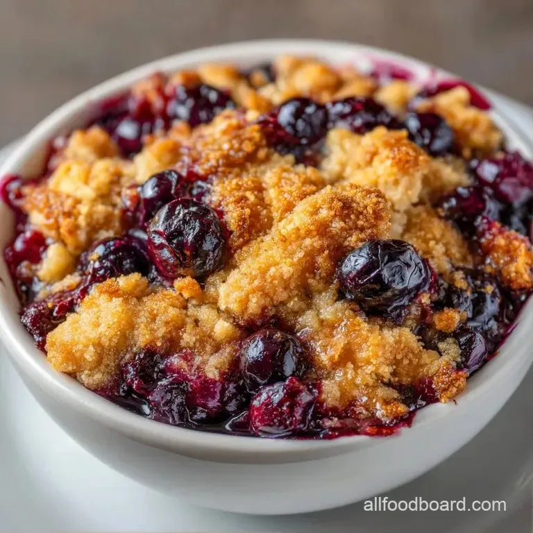 Warm slice of berry crumble on a white ceramic plate, topped with melting vanilla cream and a fresh mint leaf.