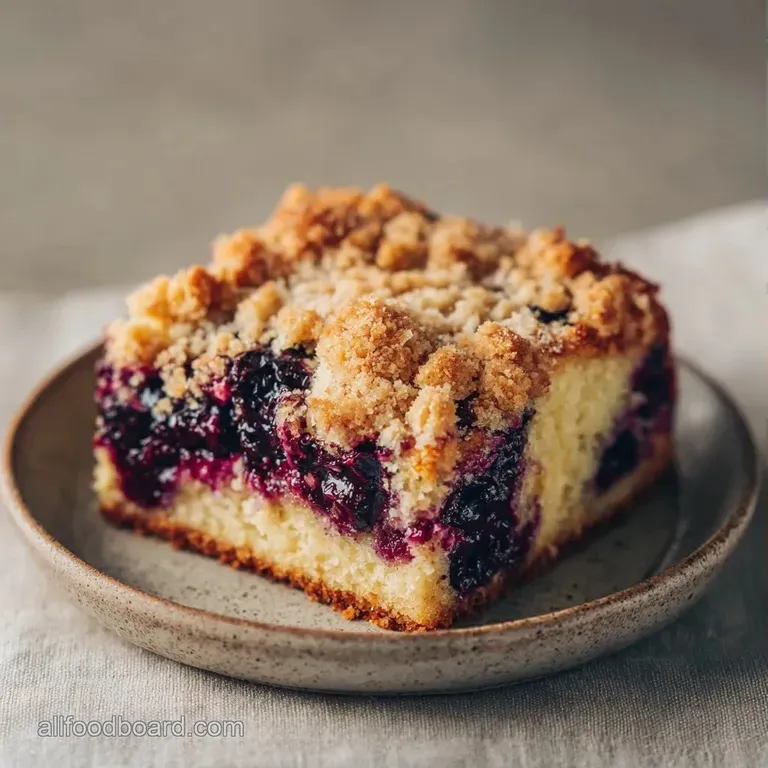 A square slice of purple berry cake on a white plate with a dollop of whipped cream and a fresh mint leaf.