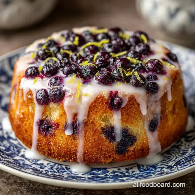 Purple-swirled cake slice on a white ceramic plate, drizzled with glossy white icing and fresh berries.