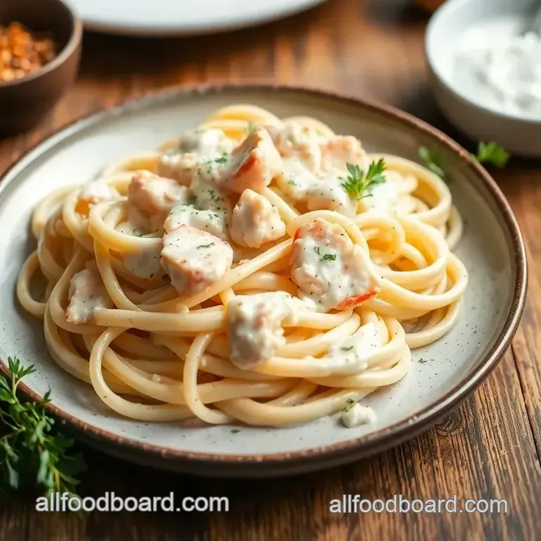 Saut&eacute; Crab Fettuccine in Creamy Alfredo presentation