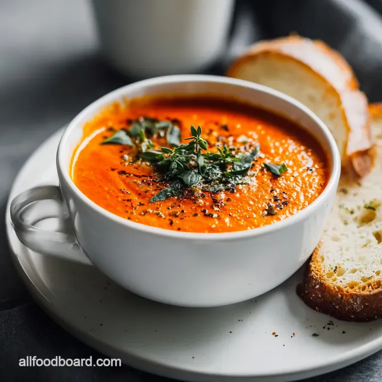 Elegant bowl of tomato basil soup, garnished with a basil sprig & crusty bread. Steam rises, promising savory comfort.