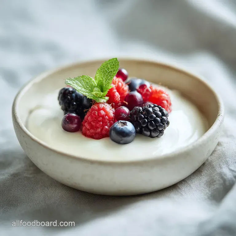 Individual glass jars filled with rich, white yogurt. Topped with vibrant berries and a drizzle of golden honey for a swee...