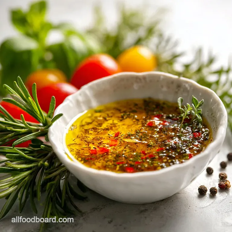 Glass cruet filled with golden Italian dressing, herbs suspended; rustic bread and salad create an inviting scene.