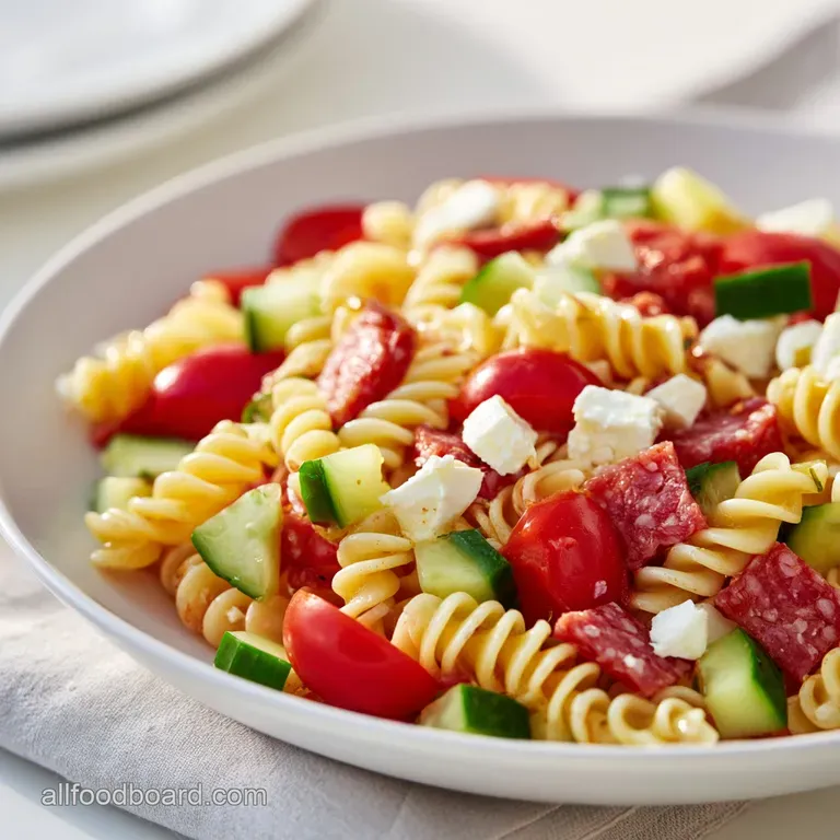 A wide ceramic bowl filled with colorful pasta, red cherry tomatoes, and cubes of salami garnished with fresh parsley.