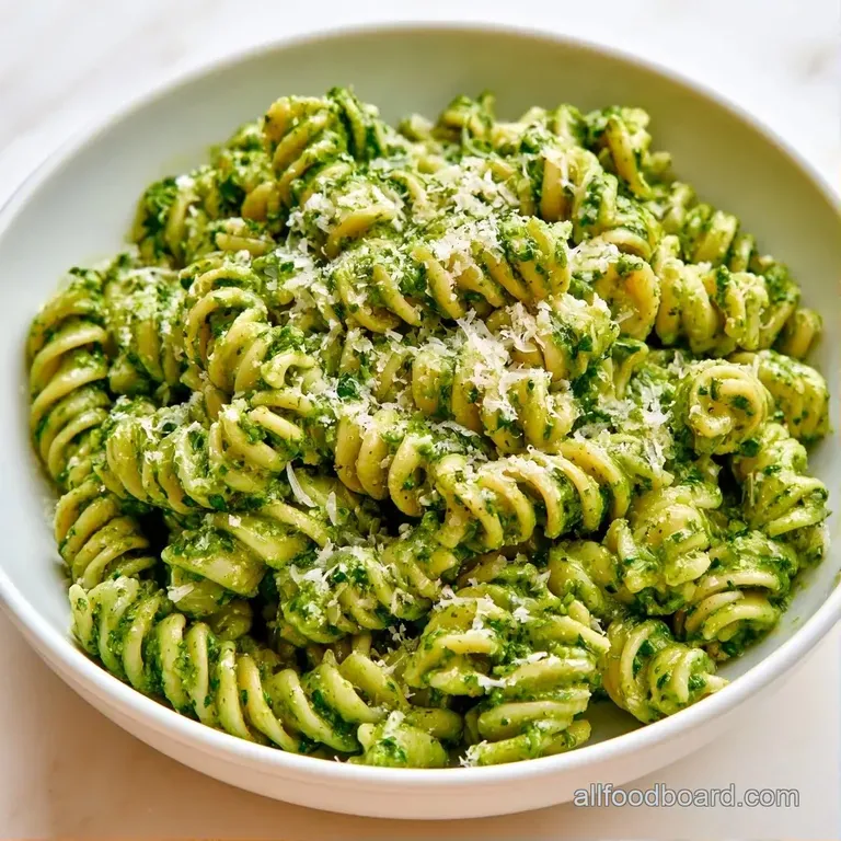 Vibrant green pasta tossed with red tomatoes and white mozzarella in a clear glass bowl on a white marble table.