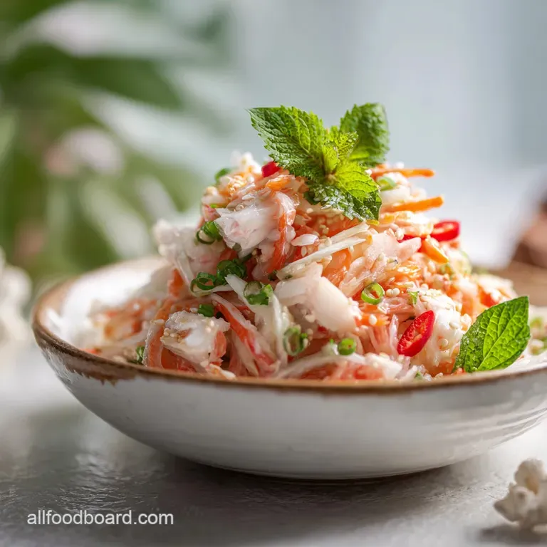 A delicate mound of kani salad artfully arranged in a ceramic bowl, glistening with a light dressing.