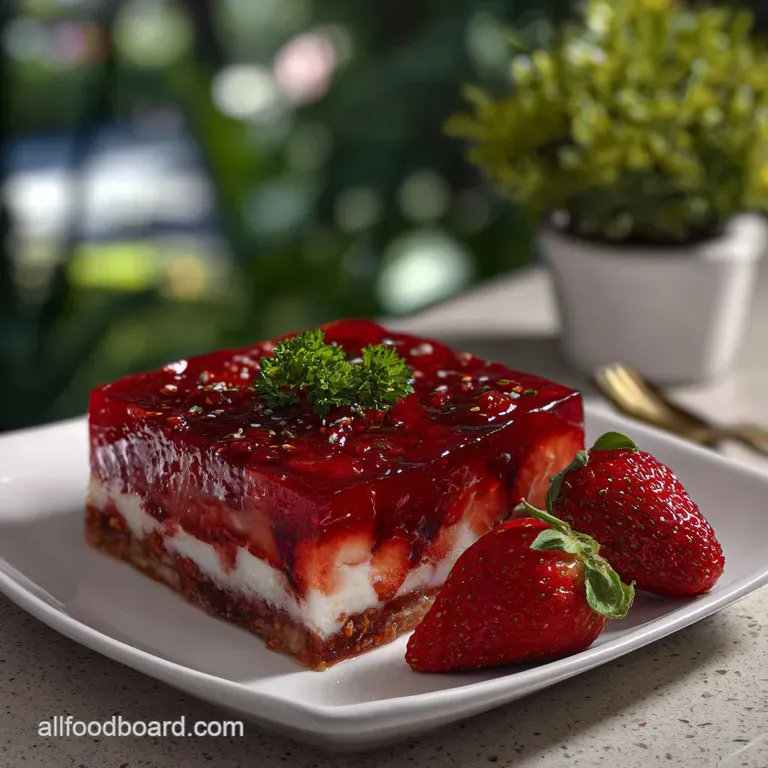Slice of moist poke cake on a plate, showcasing saturated jello streaks and fluffy whipped topping with colorful sprinkles.