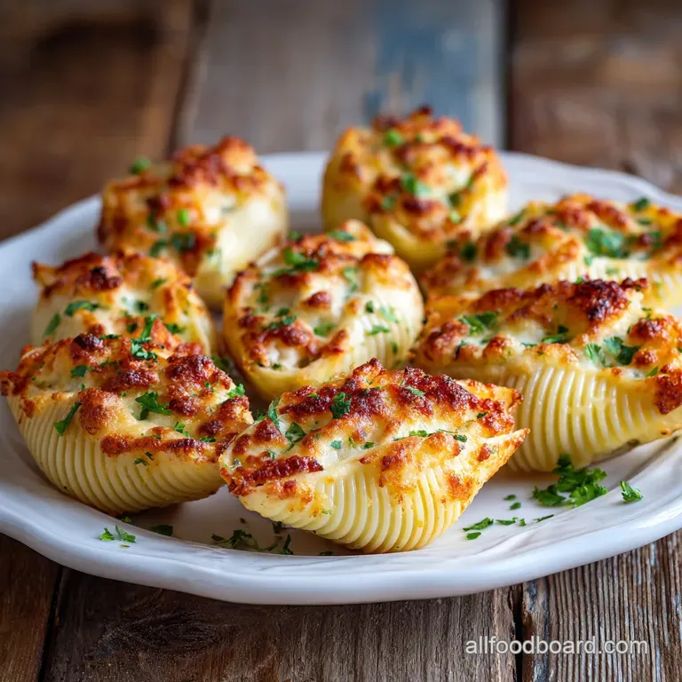 Three jumbo shells plated, oozing with ricotta and meat, bright sauce glistening. Parsley garnish adds a fresh, green pop.