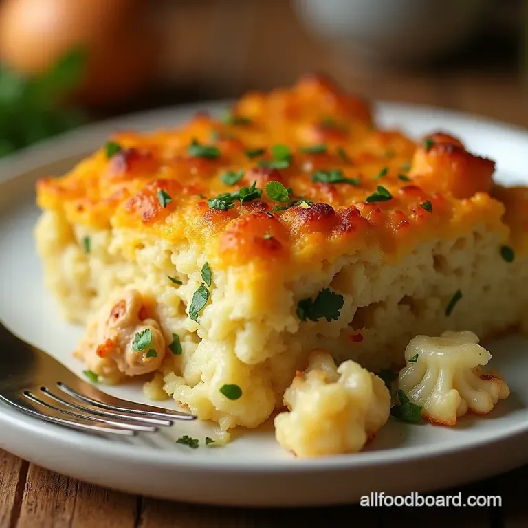Smoky Keto Chicken Cauliflower Comfort Casserole with a Cheesy Crust presentation