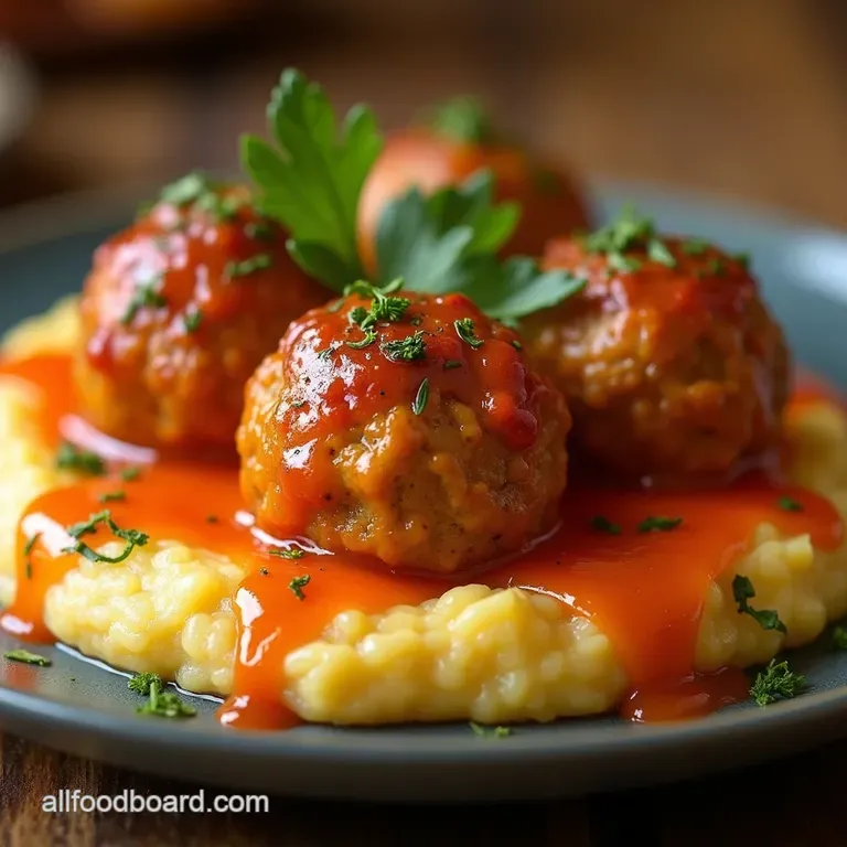 Fiery Keto Buffalo Chicken Meatballs with Creamy Celery Root Mash presentation