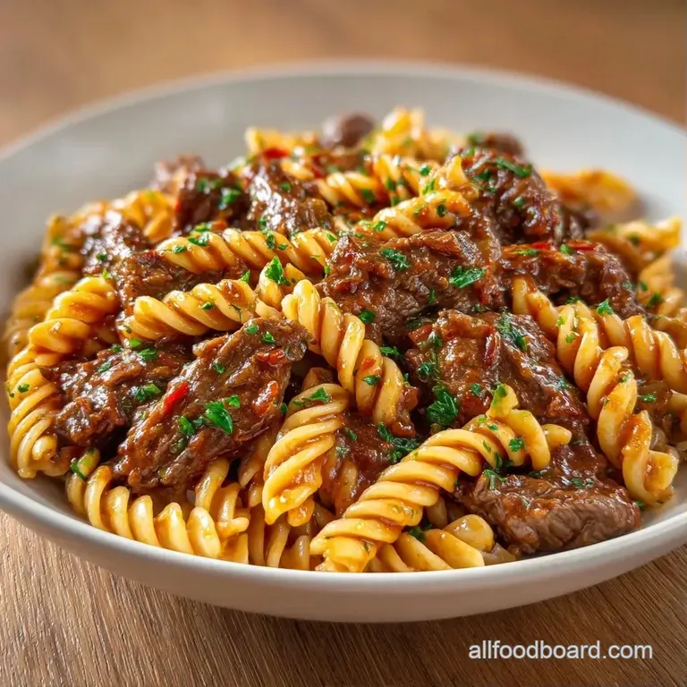Hearty pasta and tender beef in a shallow white bowl, topped with melted mozzarella and a sprinkle of fresh parsley.