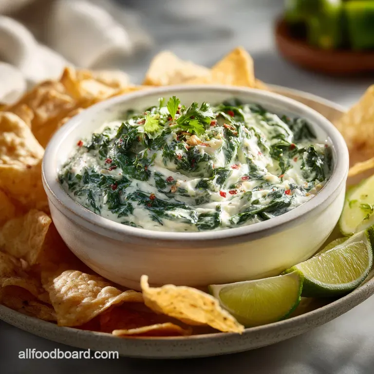 Elegant spinach dip presented in a glass bowl, garnished with herbs, next to toasted baguette slices.