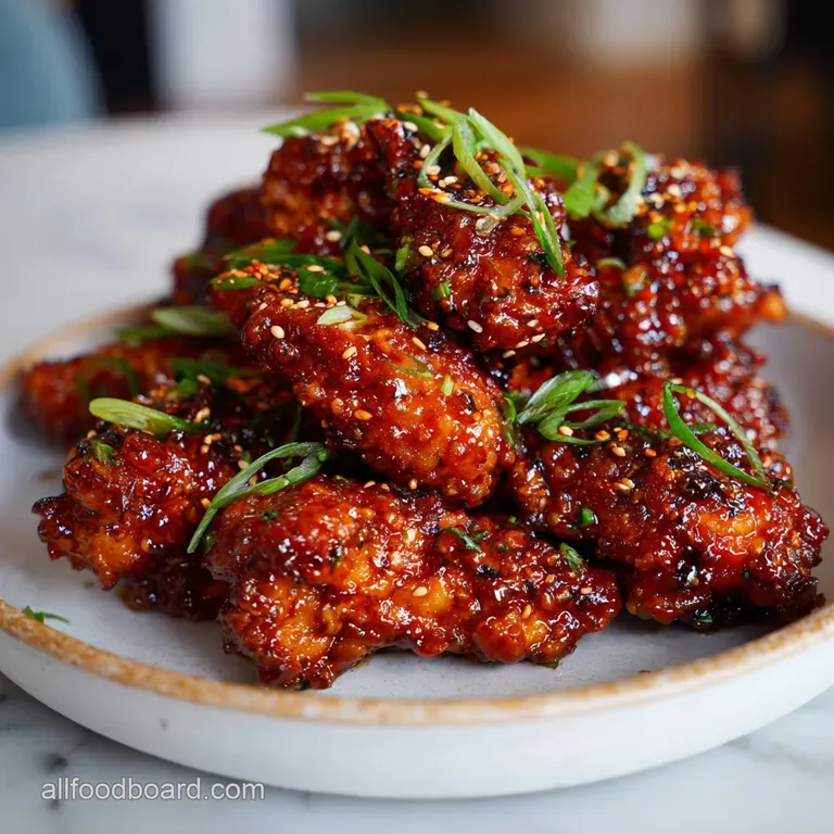 Korean fried chicken arranged artfully on a white plate, sauce pooling, garnished with scallions and sesame seeds, invitin...