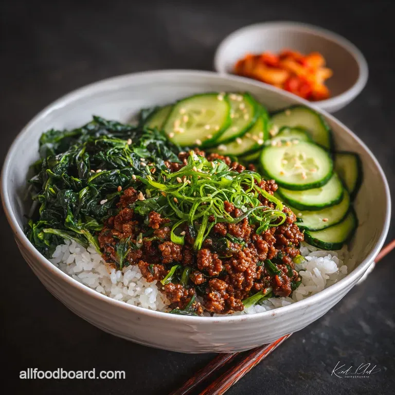 Steaming Korean ground beef and rice elegantly plated, topped with a glistening fried egg and vibrant scallions, ready to ...