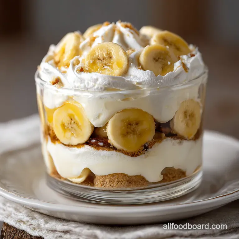 A tall glass filled with delicate layers of vanilla pudding, ripe banana, and crunchy cookie crumbs, crowned with swirls o...