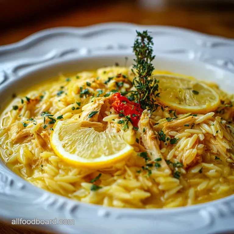 A vibrant lemon chicken orzo dish, artfully arranged with a sprinkle of fresh parsley and a lemon wedge.
