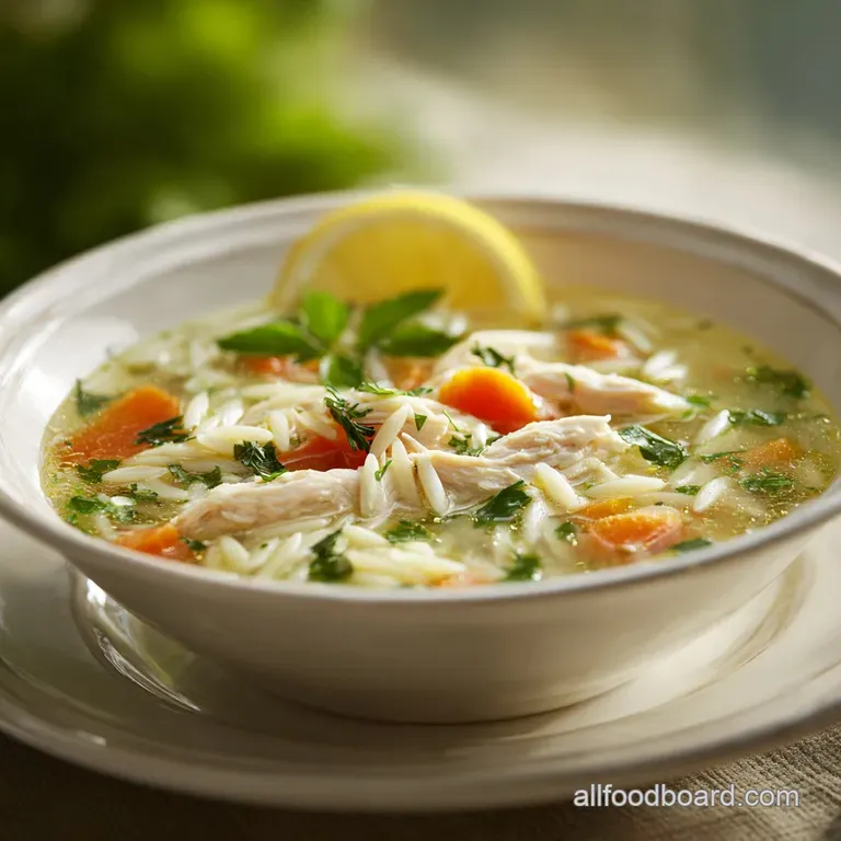 Elegant bowl of lemon orzo soup, garnished with fresh herbs and a lemon wedge, steam rising, hints of juicy chicken.