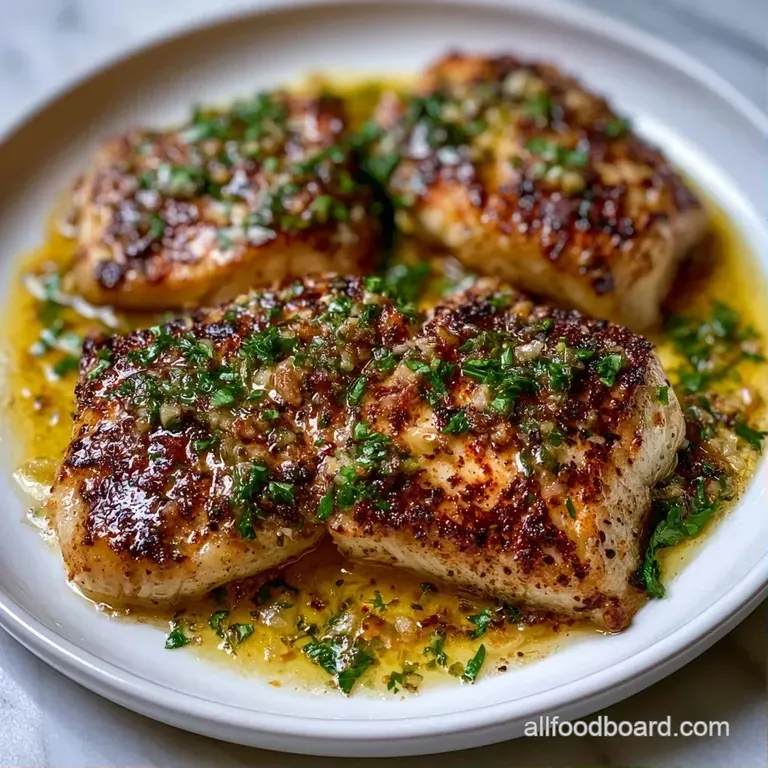 A flaky white fish fillet garnished with bright lemon rounds and fresh parsley on a minimalist dark slate plate.