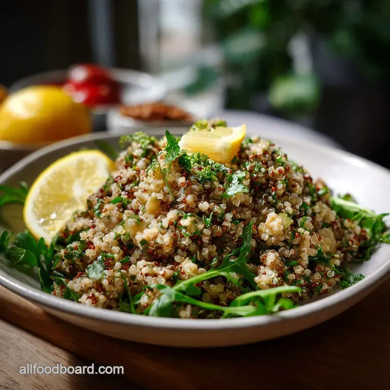 Elegant plate featuring a mound of quinoa salad with a lemon wedge, fresh herbs, and a drizzle of olive oil. Clean, appeal...