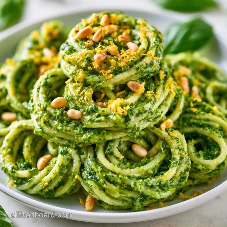 Elegant swirl of green pesto pasta on a slate plate, accented by thin lemon slices and a sprig of fresh basil.