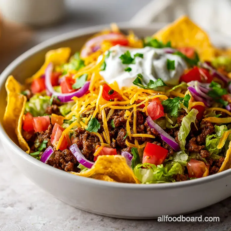 A colorful mound of taco salad with glazed beef, fresh pico de gallo, and crumbled cheese, artfully arranged.