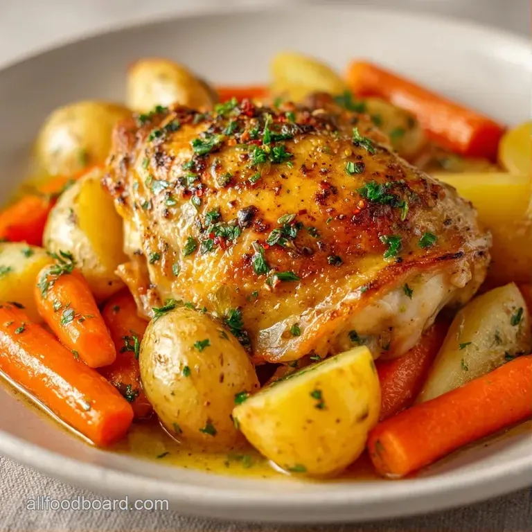 A white porcelain bowl filled with juicy chicken and vibrant vegetables, topped with a sprig of fresh parsley.