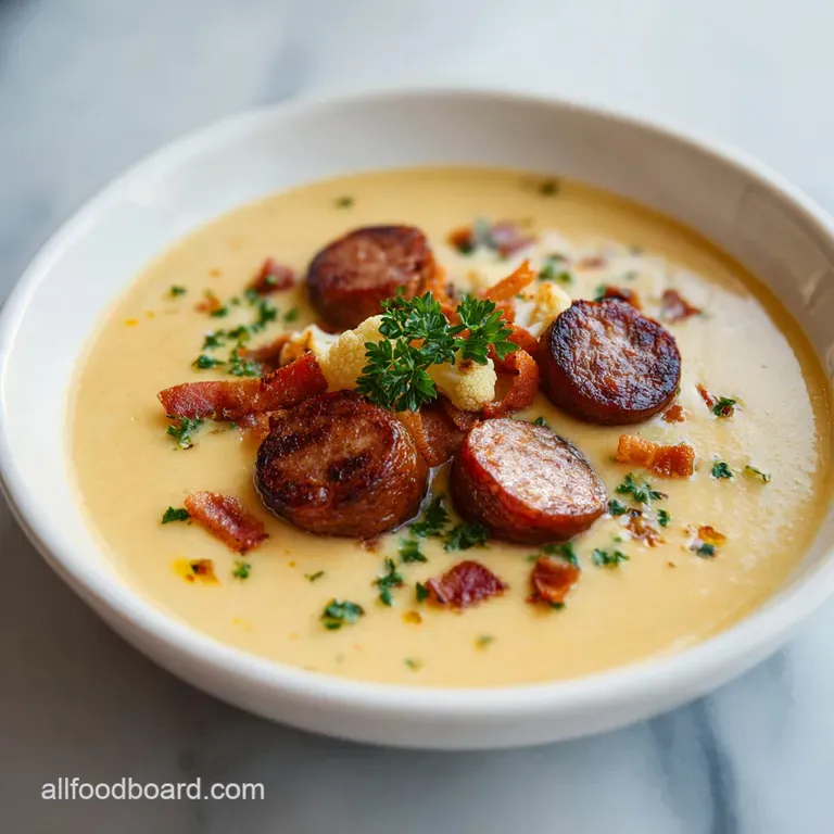 Elegant white bowl of creamy soup filled with hearty sausage and kale, placed on a linen napkin with a silver spoon.