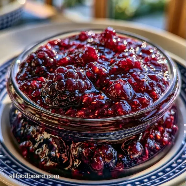 Thick, glossy blackberry preserves spread on golden toasted sourdough bread beside fresh, plump berries.