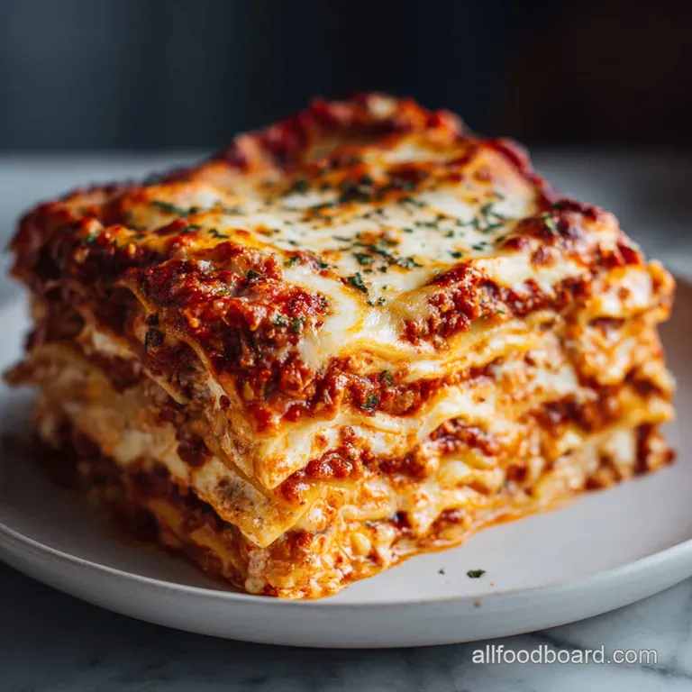 A neatly cut slice of lasagna with distinct layers of pasta, meat sauce, ricotta, and melted mozzarella. Garnished with ba...