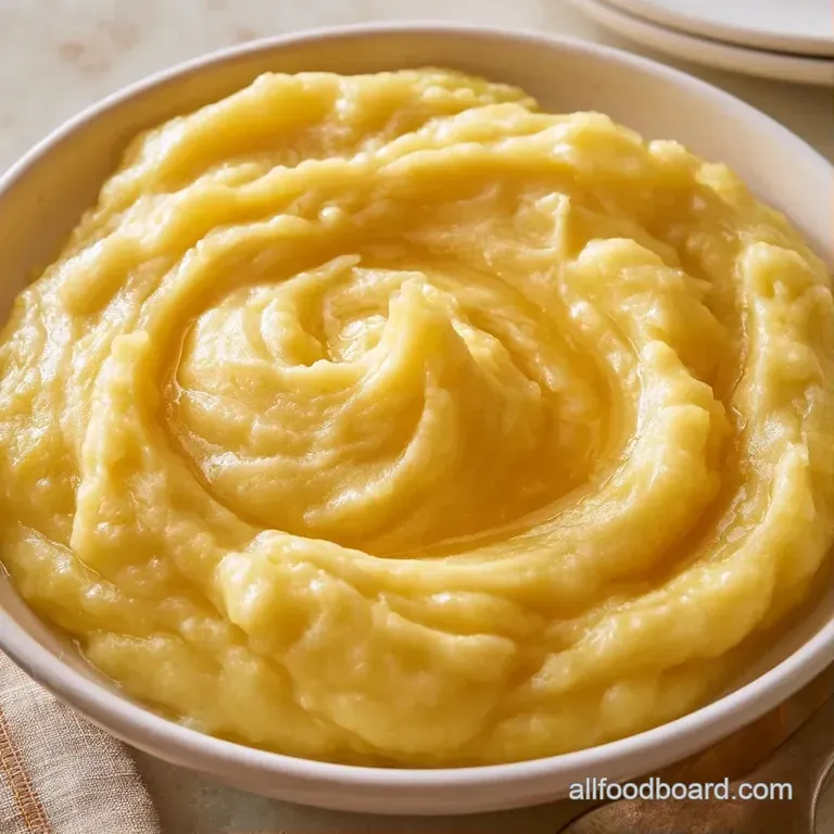 A velvety swirl of whipped white potatoes on a dark plate, topped with melting herb butter and a sprig of rosemary.
