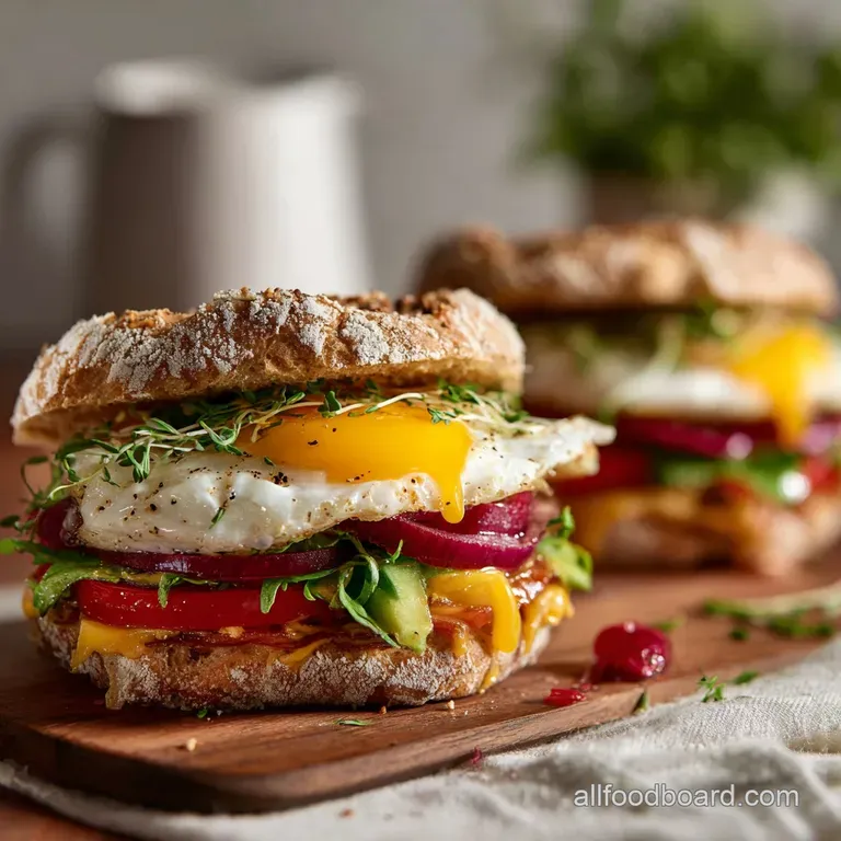 A single breakfast sandwich, cut in half to reveal layers of egg, sausage, and cheese, with a side of vibrant fresh fruit.