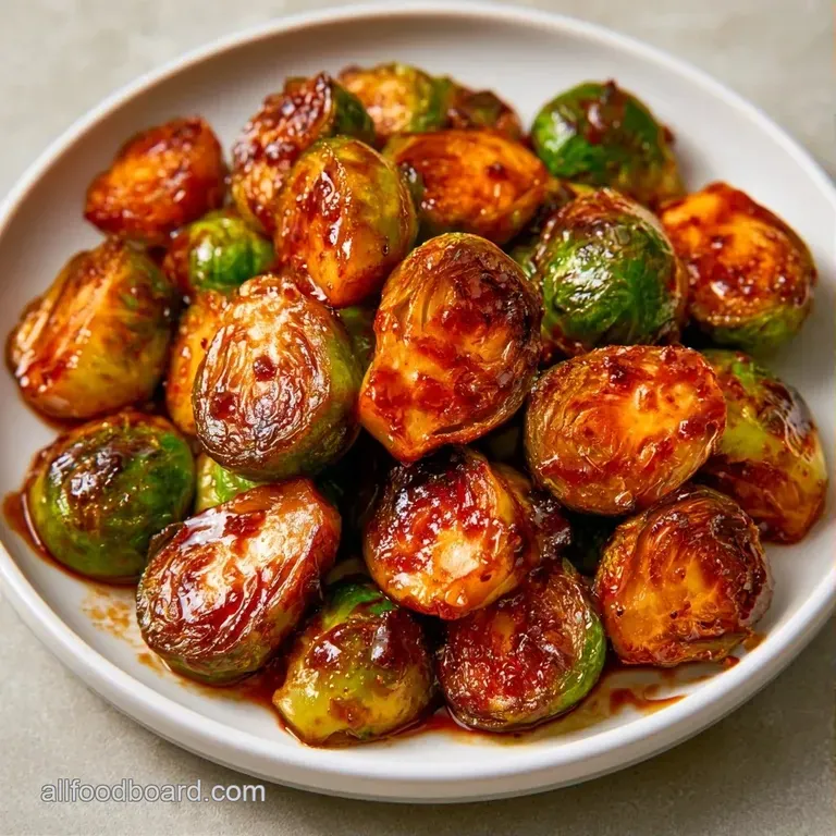 Charred green sprouts glistening with amber syrup, served in a matte black ceramic bowl with a sprinkle of salt.