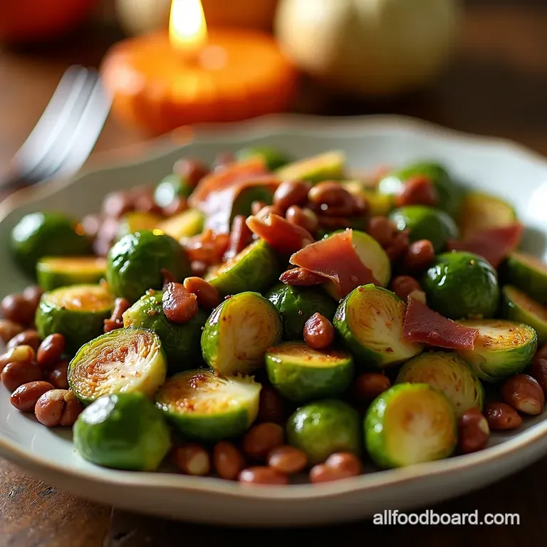 Mapleglazed Brussels Sprouts with Toasted Hazelnuts and Crispy Prosciutto presentation