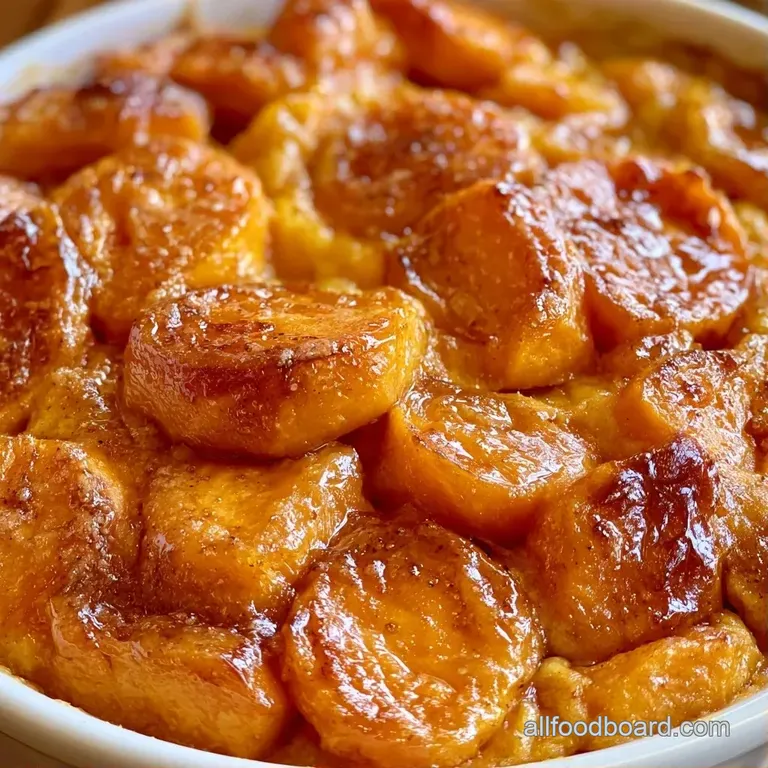 A scoop of vibrant orange mashed tubers on a white plate, drizzled with amber syrup and a sprig of fresh thyme.