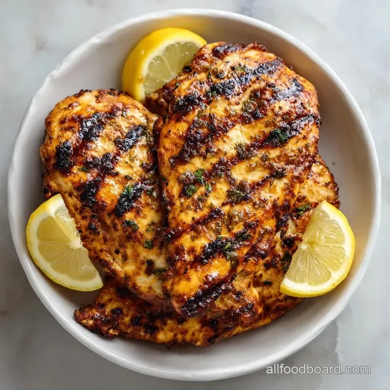 Tender, charred poultry slices arranged over bright green asparagus with a lemon wedge and a drizzle of herb oil.
