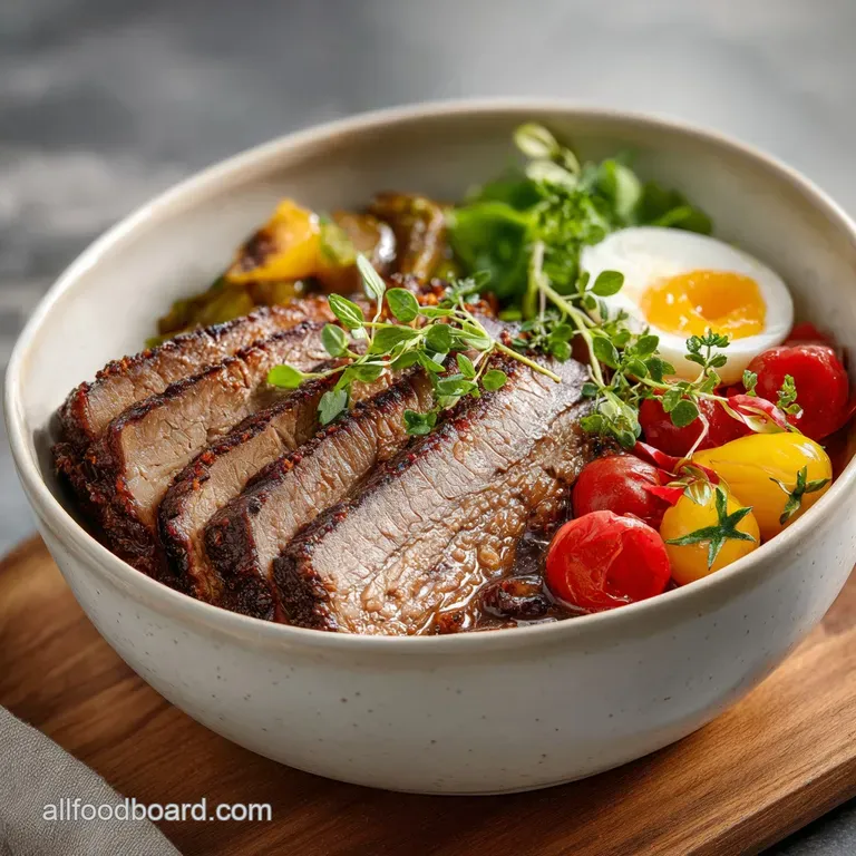 A thick slice of juicy brisket resting on creamy mashed potatoes, drizzled with a deep, dark gravy. Garnished with fresh p...