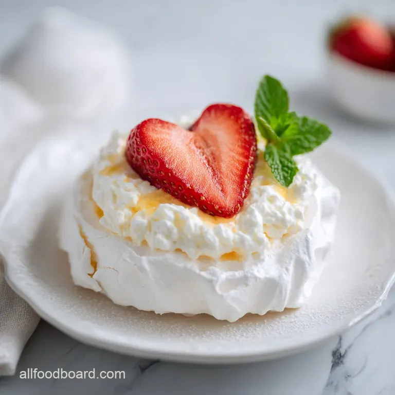 A delicate mini pavlova artfully arranged with jewel-toned berries and a dusting of powdered sugar.