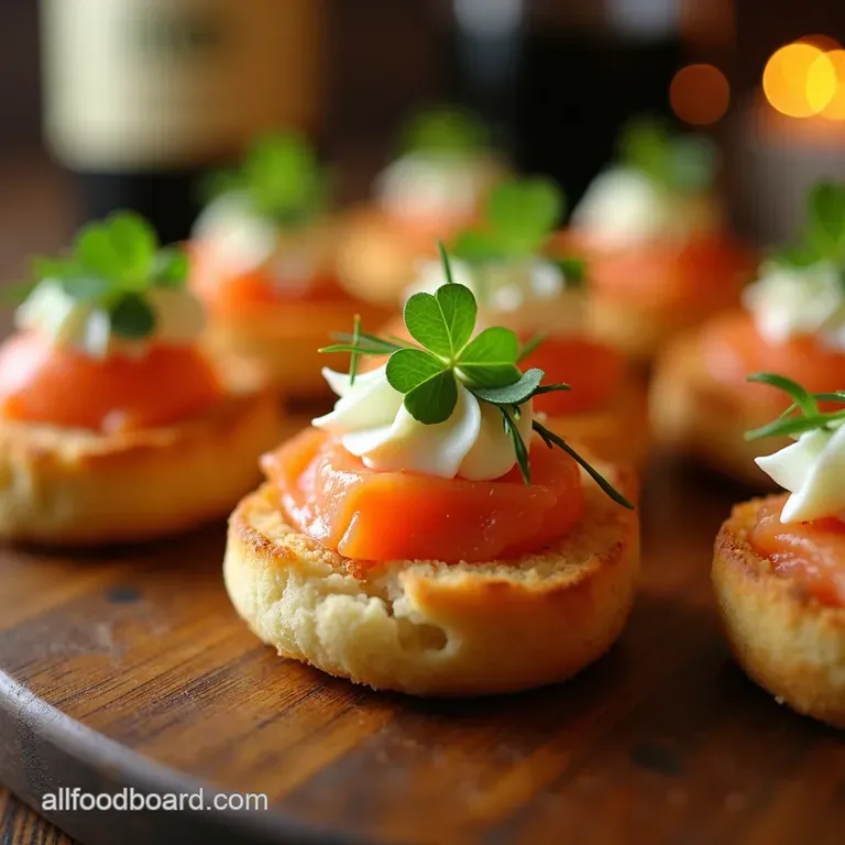 Shamrock Bites Warm Mini Soda Bread Canap&eacute;s with Smoked Salmon Roulade presentation