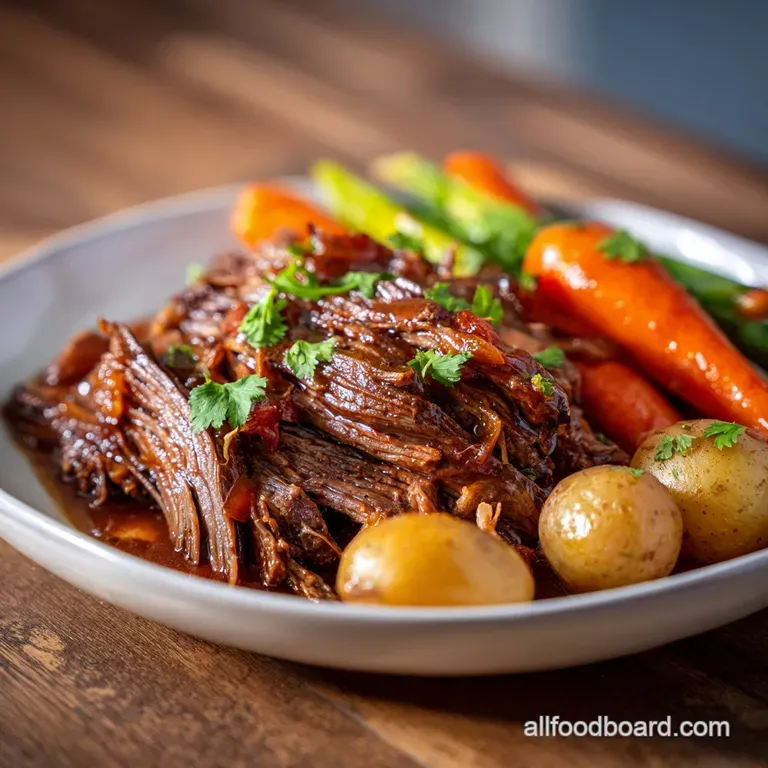 Plated, juicy shredded pot roast glistening with savory juices, beside creamy mashed potatoes and bright green parsley.