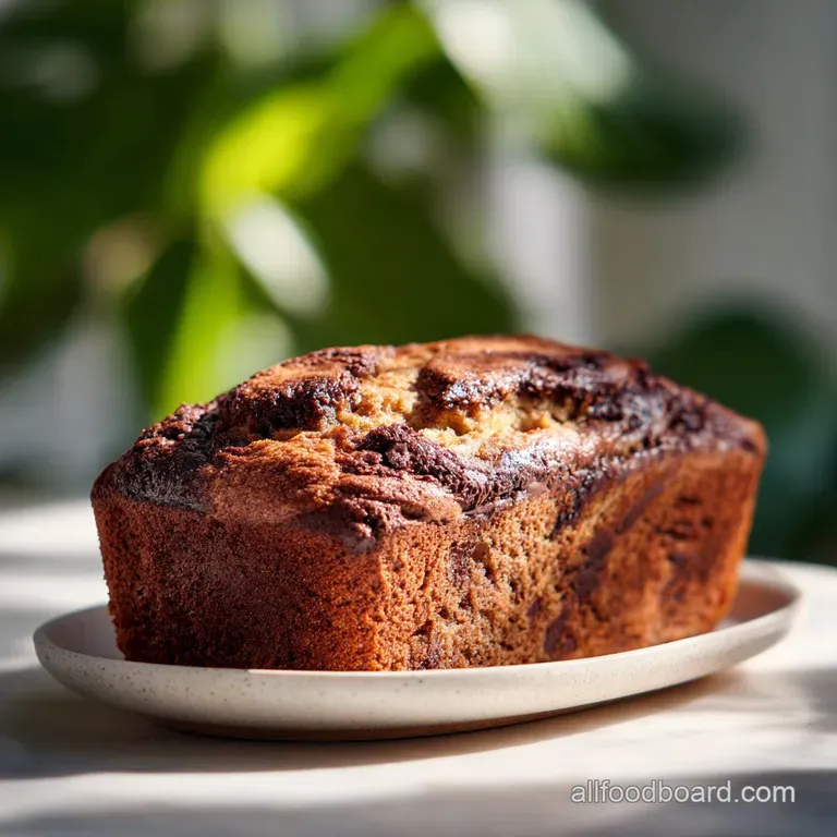 Slice of dark chocolate banana bread on a white plate, highlighted with cocoa powder dust & ripe banana slices, creating c...